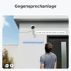 A person standing outside a house, looking at a security camera. Speech bubbles indicate a conversation between the person and the camera. Produktbild-Vorschau