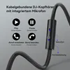 Diagram showing controls and features of wired DJ headphones with an integrated microphone. Produktbild-Vorschau