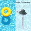 A split image showing a yellow inflatable ring on the left and a turtle-shaped floating thermometer on the right, both in blue water. Anteprima dell’immagine prodotto
