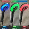 Three shower heads are shown, each with different colored LED lights indicating water temperature. Produktbild-Vorschau