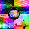 A collage of images showing LED string lights used for decoration in various settings, including an outdoor walkway, a living room, a ceiling, and a party table with a cake. Produktbild-Vorschau