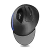 A black ergonomic vertical mouse with a gray wrist rest and blue LED lighting. Produktbild-Vorschau