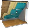 A cross-section diagram illustrating the layers of a building's roof or wall insulation system, showing wooden planks, insulation material, a blue vapor barrier, and interior finishing. Produktbild-Vorschau