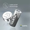 Two Varta batteries, one coin cell and one cylindrical, are shown against a gradient gray background. Text and icons highlight features. Produktbild-Vorschau