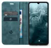A teal flip cover phone case with card slots and a euro banknote, next to a smartphone displaying the time and date. Produktbild-Vorschau
