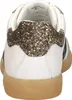 Rear view of a white sneaker with glittery brown heel. Voir les images du produit