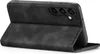 A black flip case for a smartphone is shown from a diagonal angle, with the front cover open. Produktbild-Vorschau