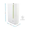 A white dehumidifier with a green vertical indicator, showing dimensions and an electrical plug icon with a length. Podgląd zdjęcia produktu