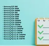 A list of Samsung printer models on a light blue background, with a stylized notepad graphic on the right. Produktbild-Vorschau