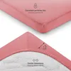 Close-up views of a pink fitted sheet, highlighting its features. Voir les images du produit