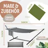Diagram showing the dimensions and features of a hammock with a stand. Produktbild-Vorschau