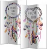 A collage of two folding screens, each featuring a dreamcatcher design with feathers and beads. One screen has a circular dreamcatcher with the text "DREAMS COME TRUE", and the other has a heart-shaped dreamcatcher with the text "LOVE YOU". Produktbild-Vorschau