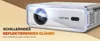A white projector with a lens is shown on a gradient background. Text is overlaid on the left side of the image. Produktbild-Vorschau
