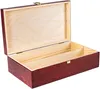 An open wooden box with a red exterior and natural wood interior, designed to hold two bottles. Produktbild-Vorschau