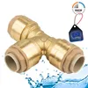 A brass T-connector for pipes, with a water splash effect at the bottom. Produktbild-Vorschau