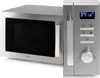 A studio shot of a silver microwave oven, split into two views: the left shows the front door and the right shows the control panel. Náhled obrázku produktu