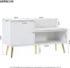 A white shoe cabinet with a padded seat and backrest, shown with dimensions indicated by measurement lines and text. Náhľad obrázku produktu