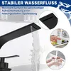 A close-up of a black waterfall faucet with water flowing, and inset images showing a glass being filled and hands being washed. Produktbild-Vorschau