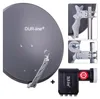 A collage showing a satellite dish, mounting brackets, and an LNB. Produktbild-Vorschau