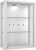 A modern, white display cabinet with glass doors and shelves, illuminated by two spotlights on top. Podgląd zdjęcia produktu