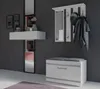 A modern entryway set with a wall-mounted shelf, mirror, coat rack, and a storage bench with a seat. Podgląd zdjęcia produktu