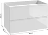 A white bathroom cabinet with two drawers, shown with dimensions indicated. Produktbild-Vorschau