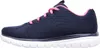 A side view of a navy blue and pink Skechers women's athletic shoe. Voir les images du produit
