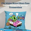 A pillow with a cartoon illustration of Brawl Stars characters in a bedroom setting. Produktbild-Vorschau