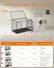 A size chart for a dog crate, showing dimensions and recommended dog breeds for different sizes, with a dog standing next to a crate. Produktbild-Vorschau