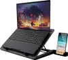 A black laptop cooling pad with a laptop and a smartphone on it, set against a white background. Produktbild-Vorschau