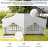 A white pop-up tent shown in two states: one clean and dry, the other with rain and water droplets. The image highlights the material and its properties. Voir les images du produit