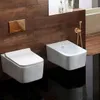 A modern bathroom with a wall-mounted toilet and bidet against a wood-paneled wall. Produktbild-Vorschau