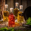 Four glass bottles filled with amber and red liquid, corked, are arranged on a rustic wooden surface with moss and straw. A dark metal pot is partially visible on the right. Voir les images du produit