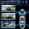 Marketing image showing a car dashboard camera system with front and rear camera views. Produktbild-Vorschau