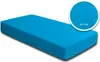 A close-up, angled view of a turquoise fitted sheet on a white background, with a magnified inset showing the fabric texture and the word "Jersey". Produktbild-Vorschau