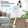 A white and gray cordless vacuum cleaner is shown standing on a wooden floor next to a gray sofa and a potted plant. Text overlays describe its features and benefits. Produktbild-Vorschau