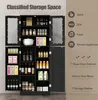A black storage cabinet with glass doors, filled with various items like bottles, jars, and boxes. The right side of the image displays icons and text describing storage categories and features. Podgląd zdjęcia produktu