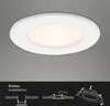 A white LED recessed light fixture is shown against a gray background, with diagrams of installation components below. Produktbild-Vorschau