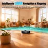 A robot vacuum cleaner is shown in a living room setting, with a blue overlay indicating its navigation path. Produktbild-Vorschau