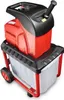 A red and black electric garden shredder with a collection bin and wheels, shown on a white background. Produktbild-Vorschau