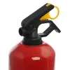 Close-up of the top part of a red fire extinguisher, showing the black and yellow handle mechanism. Podgląd zdjęcia produktu
