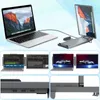 Collage of images showing a portable laptop monitor connected to a laptop, and close-ups of the monitor's display and ports. Produktbild-Vorschau