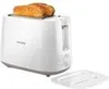 A white Philips toaster with toast in it, shown on a white background with a separate crumb tray. Produktbild-Vorschau