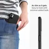 A person is putting a phone case into their jeans pocket, and a close-up of the side of the phone case is shown. Produktbild-Vorschau