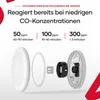 An exploded view of a CO detector, showing its internal components and highlighting its features. Produktbild-Vorschau