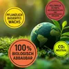 A green globe with continents visible, surrounded by moss and a small plant, with promotional text in circles around it. Produktbild-Vorschau