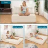 A collage of images showing a convertible sofa bed in different configurations: as a sofa, a chaise lounge, and a bed. People are shown using the sofa in each configuration. Produktbild-Vorschau