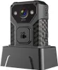 A body camera with an external button camera and a charging dock, presented against a white background. Produktbild-Vorschau