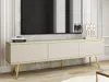 A modern beige and gold media console with a television mounted above it, set against a marble-patterned wall. Produktbild-Vorschau