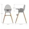 Two views of a gray high chair with wooden legs, with dimensions indicated by lines and text. Anteprima dell’immagine prodotto